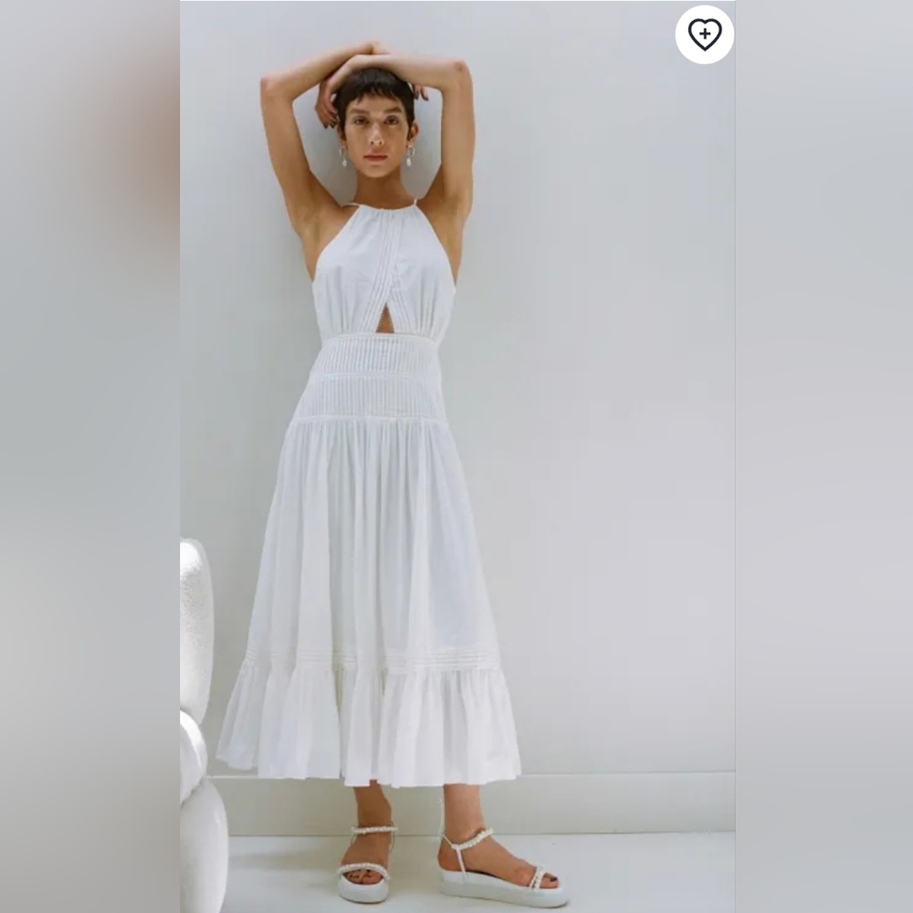 AJE $475 NEW Renata White Halter Gauze Tiered Cutout Eyelash Midi Dress Sz 14